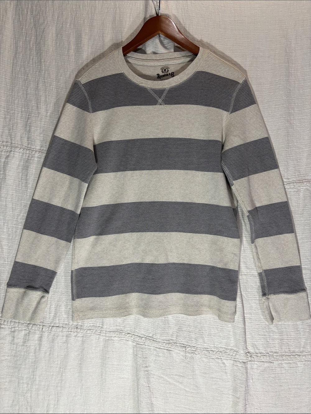 Men's Striped Crewneck Waffle Knit in Gray and Cream 100% Cotton